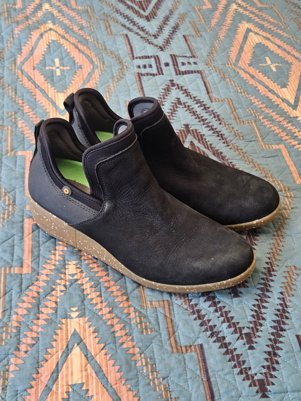 Bogs Black Slip-On Ankle Booties with Tan Speckled Sole